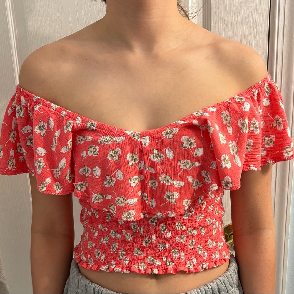 Floral Off-Shoulder Top in Coral